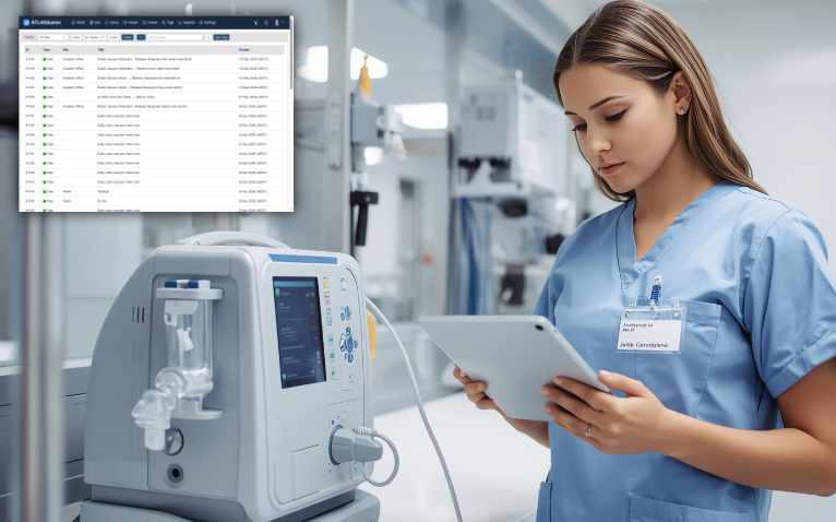A biomedical technician inspecting infusion pumps on a stainless-steel workbench in a hospital equipment workshop, calibration leads visible.